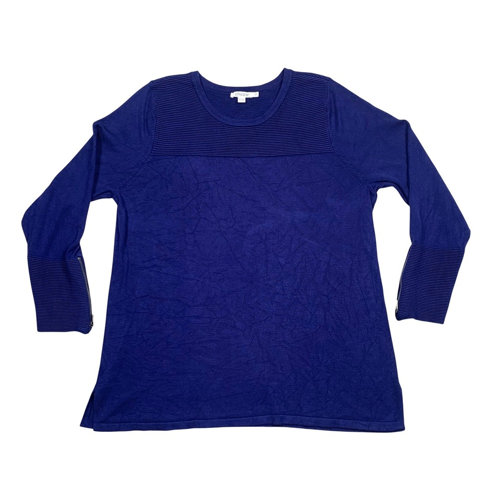 Chicos Knit Top Size 2 Women Blue Zipper Cuff Textured Yoke Crew Neck 3/4 Sleeve